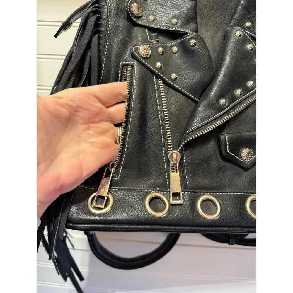 Cowgirl Trendy Moto Jacket Faux Leather Backpack w/Fringe & Silver-tone Studs